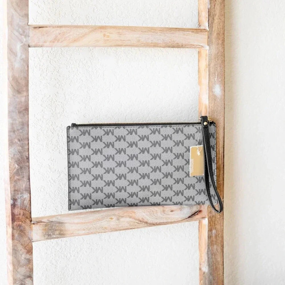 NWT! MICHAEL KORS FULTON LARGE ZIP CLUTCH - BLACK GRAY GOLD - Picture 4 of 10